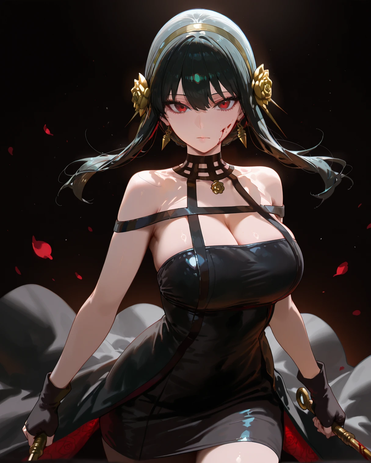 yor briar,

1girl, backlighting, bare shoulders, black background, black dress, black gloves, black hair, blood, blood on face, blood on weapon, breasts, closed mouth, cowboy shot, dress, earrings, expressionless, fingerless gloves, floating hair, floral print, flower, gloves, gold earrings, gold hairband, hair flower, hair ornament, hairband, holding, holding weapon, jewelry, large breasts, light particles, long hair, looking at viewer, off-shoulder dress, off shoulder, petals, red eyes, rose, rose petals, rose print, short hair with long locks, sidelocks, solo, spikes, thighs, two-sided dress, two-sided fabric, weapon

, ((masterpiece))
