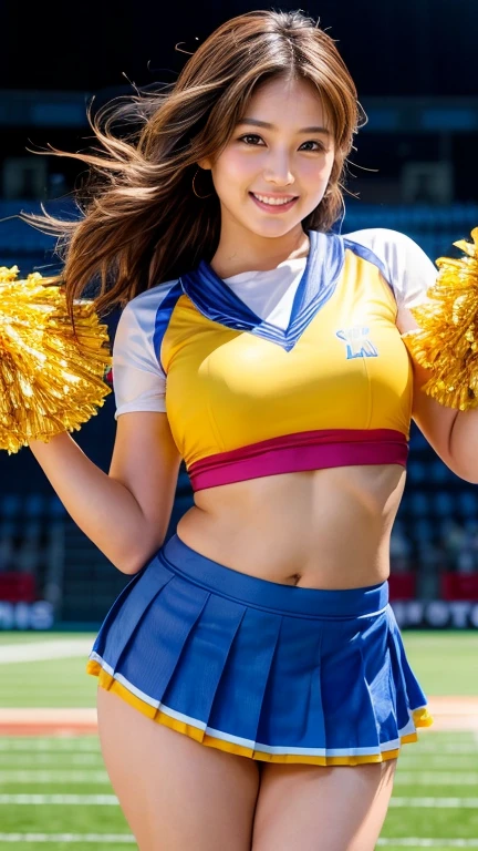 ((realistic lighting, highest quality, 8k, masterpiece: 1.3)), clear focus: 1.2, 1 girl, perfect figure: 1.4,(Cheerleader:1.3),(outdoors:1.5),(Look at armpits:1.5),(stadium:1.1),(cheer dance:1.3)  , big breasts, ((dark brown hair)), super detailed face, fine eyes, double eyelid,smile