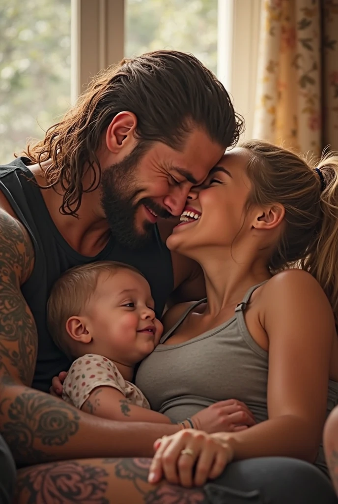 Realistic 4k man, 30 years old with a defined beard, lying on an elegant bed with 4 women and him in the middle, The girls are very beautiful and young, 18 years old, The man is tanned, looking at the camera., (realista 4k), Instagram photo