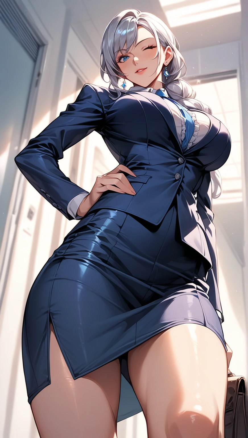 1girls,silver hair，wear glasses，secretary，，(charming body)，view from top,(huge )、huge Breast，huge breasts，Big breasts ，Sexy transparent lingerie，、perfect手, perfect手指, perfect, perfect fit, perfect身材, face perfect, perfect图像Realism, background for this, detailed clothing, Maikuro bikini、office，office女郎，pencil skirt，miniskirt，garters，fishing net，The shirt is unbuttoned、of librarians、Surreal、Realism、Unreal Engine、8K maximum resolution, (​Masterpiece), Very detailed, Professional bending，bent over