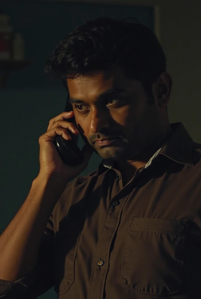 For generating an image with an AI, you can use the following prompt:

"Close-up photo of a Bangladeshi police officer making a phone call in a dark, dimly lit room. Focus on the officer's face and uniform, with subtle lighting highlighting their expression and the details of the phone. The background should be dark and blurred to keep the attention on the officer."

This prompt should help you achieve a focused and dramatic image.