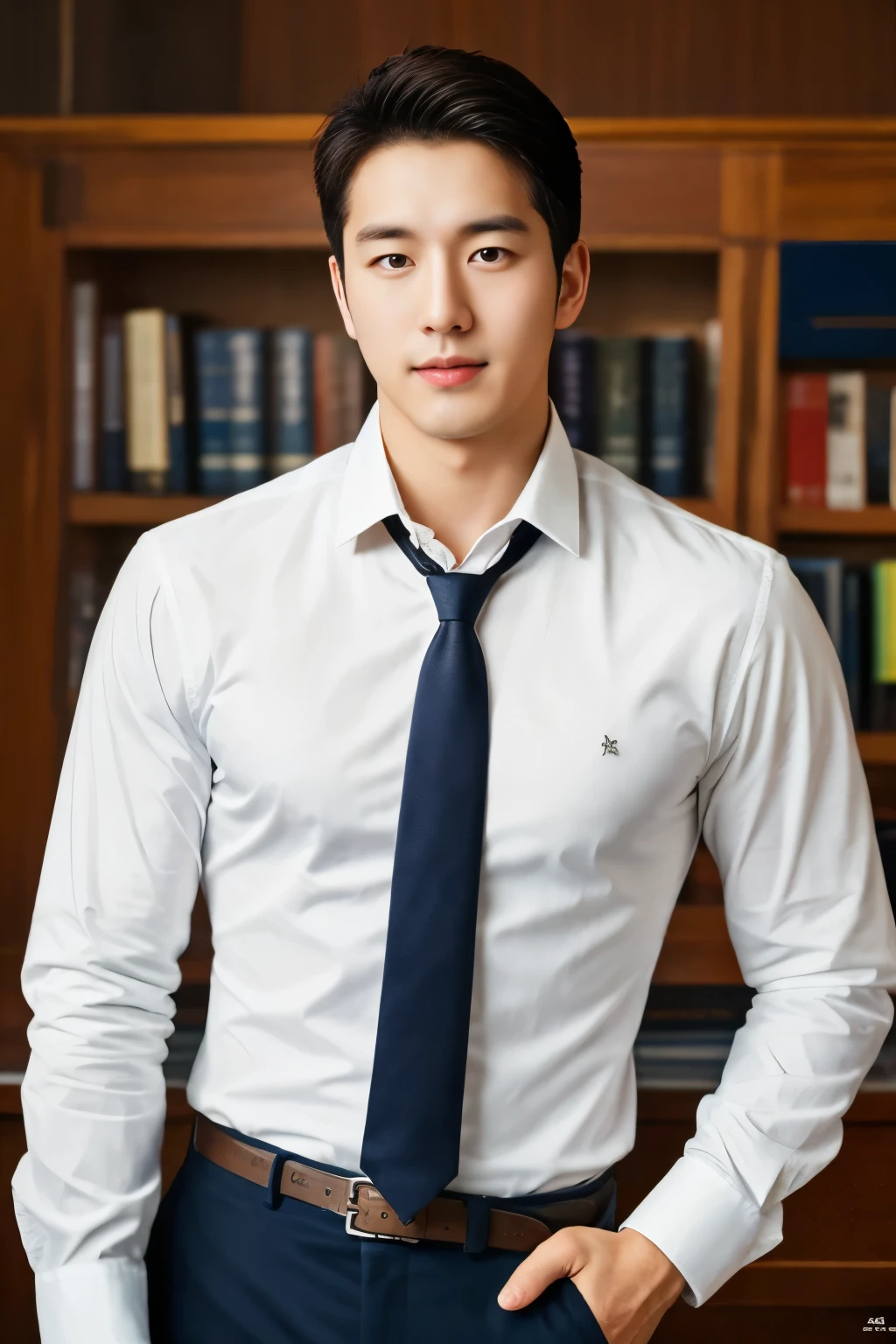 1man, a 25-year-old muscular man, wears a long-sleeved white shirt and tie, bodice, soft lighting, masterpiece, best quality, 8k ultra HD, DSLR camera, film grain, Midjourney and greg rutkowski's Fujifilm XT3 realistic painting art