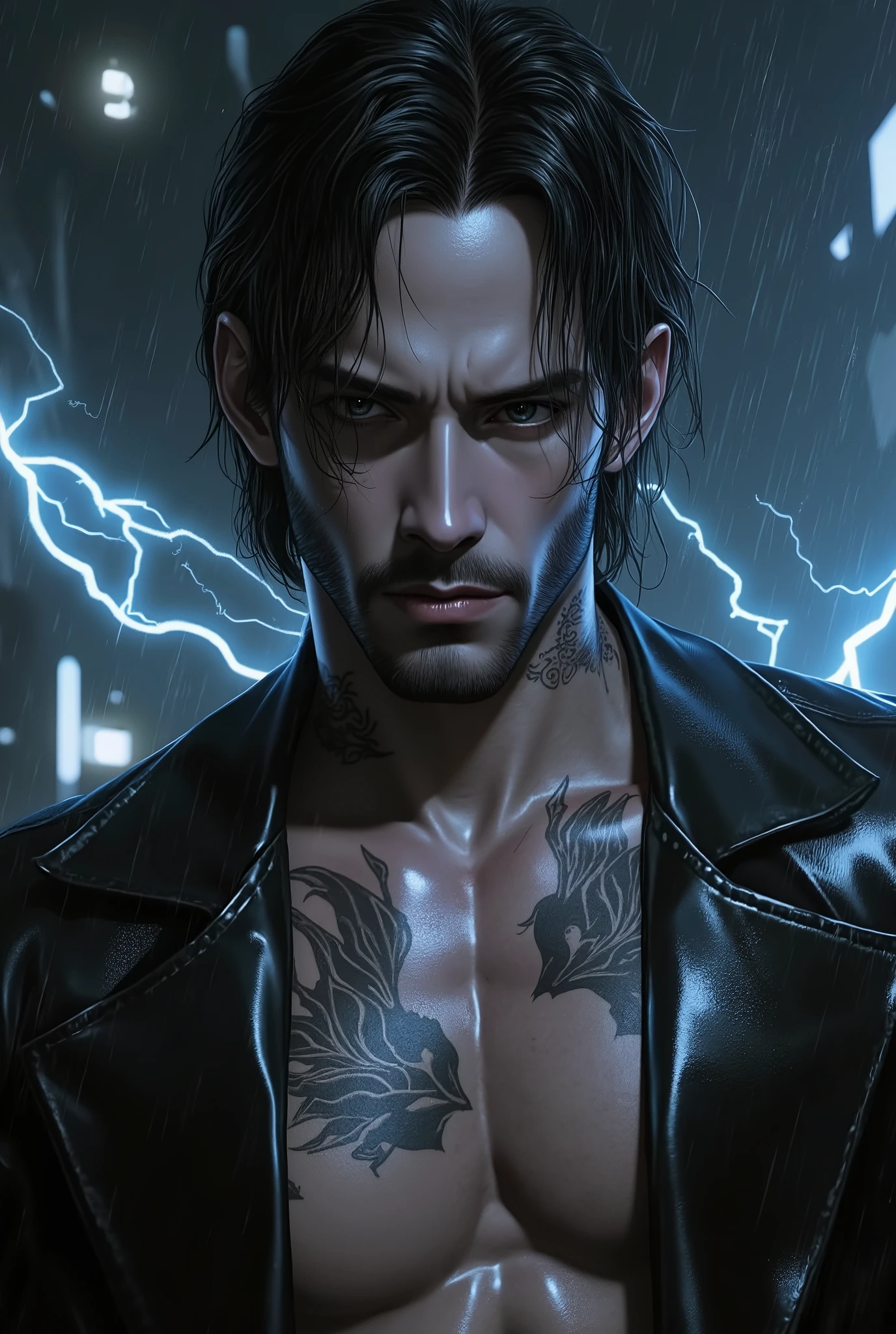 John Wick， 8,000, complex, Elegant, Highly Detailed, majestic, Digital photography, Surrealist Painting, Defeat Magic, Winding Lightning , (  masterpiece , Side Light, with delicate and beautiful eyes: 1.2), HDR, (shiny blue eyes)),  bare upper body  , ( Bright Tattoos ),  handsome boy, able, muscular, dark skin,  Devil's Horn , It&#39;s raining,  handsome, In front of the camera,  masterpiece
