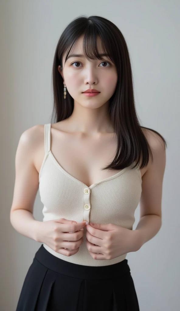 RAW photo, bokeh (realism: 1.4, realistic), high detail CG unified 8K wallpaper, 1girl, (HQ skin: 1.4), 8k uhd, dslr, front lighting, high quality, Fujifilm XT3, 21 years old female with long hair,((slim body, skinny, natural breast)),(((height:163cm))), ((wearing knit tank top, black short skirt,cleavage)), (looking at viewer), ((ultra detailed room background))), (close body:1.6)