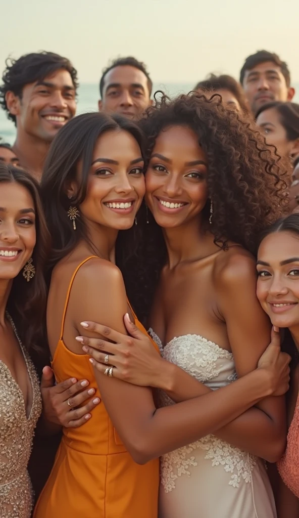 three tanned caucasian women, friends, oily foreheads, shiny foreheads, smiling, outdoor, coachella, night time, candid photography, flash lighting