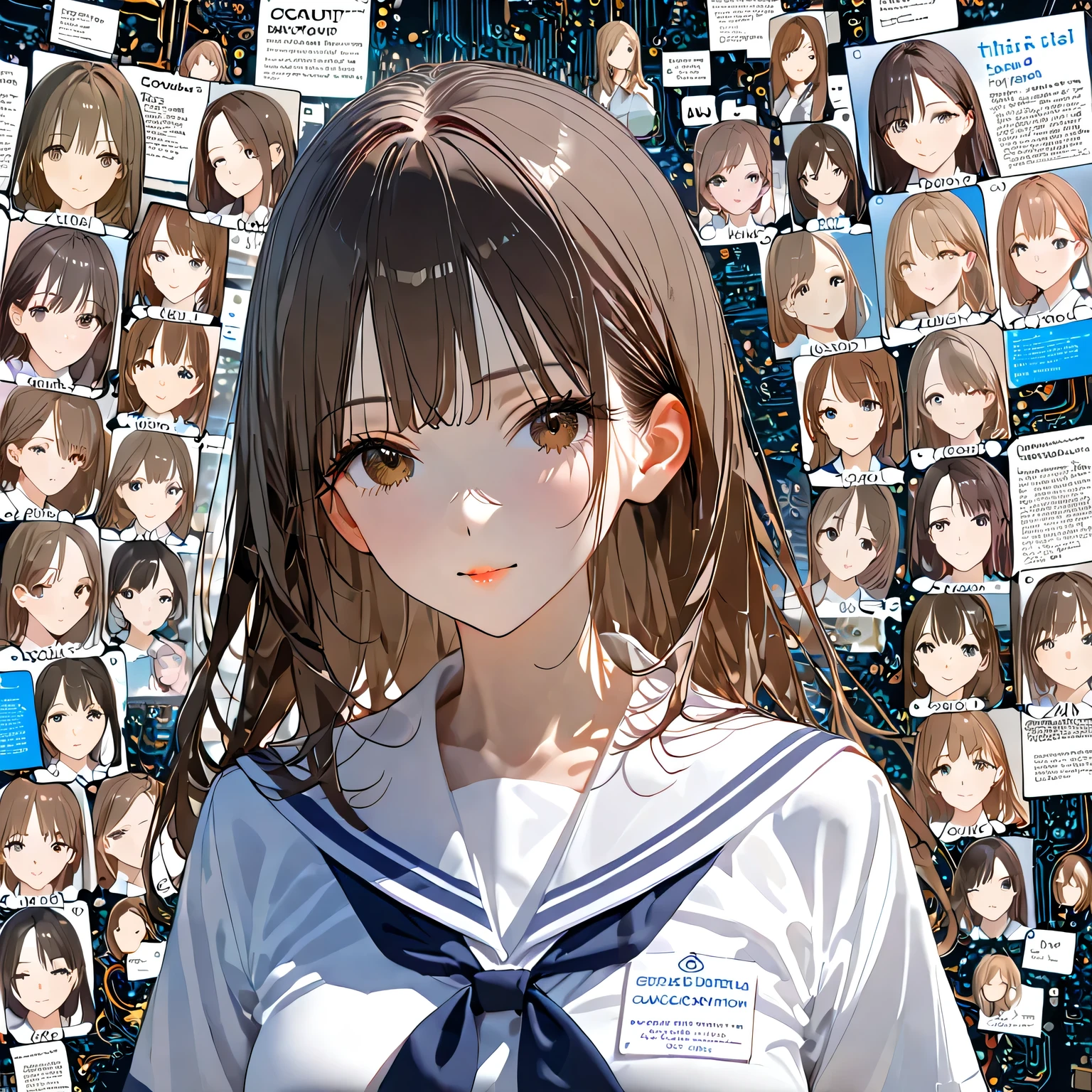 Conversation in Portuguese, high quality, 8k, ANIMATION, upper body portrait without people, Complex semiconductor circuit diagram and electronic circuit in the background, Adult Japanese Woman , A beautiful portrait of a modern Japanese woman , Characters and English Text Collages, Characters and computer circuits, Japanese High School Uniforms:1.331, white sailor suit:1.331, summer sailor suit:1.331, typography with mathematical and English digital codes , wave hair on one side, dark brown hair, This is a mixed media work, Collage of Characters and English Text Using English Text and Figures ,perfect configuration , appropriate placement for office casual, golden ratio, Expressed by Mixing Elements of Silence and Chaos ,
