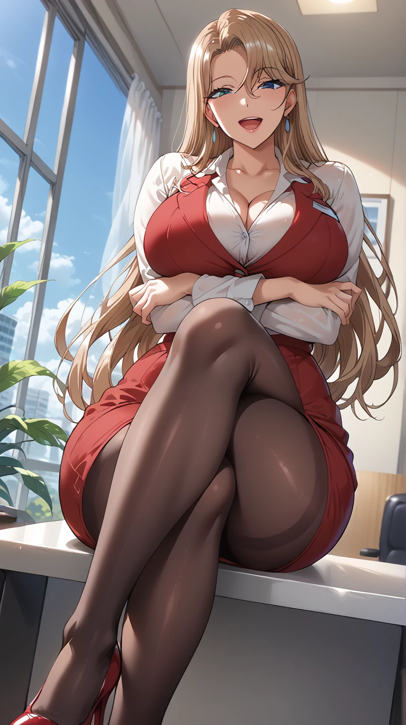 (((1girl))), Reika Kurashiki from Saimin Seishidou, blonde hair, angry expression, siting on couch, in personal office, sunset lightning, ((extremely big breasts, extremely wide hips, extremely big ass)), (dark red high heels with black pantyhose, dark red pencil skirt, white office shirt with red office jacket on top),