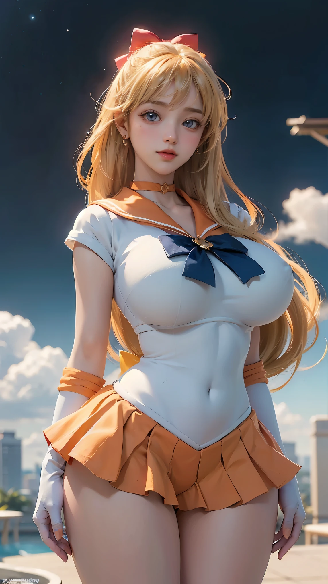 masterpiece, best quality, highres, sv1, sailor senshi uniform, elbow gloves, tiara, red bow, orange choker, orange sailor collar, white gloves, jewelry, white leotard, outdoors, street, cowboy shot, ass, from behind, perfect face, perfect eyes, lips, blush, large breasts, against a wall, (skirt:1.5)