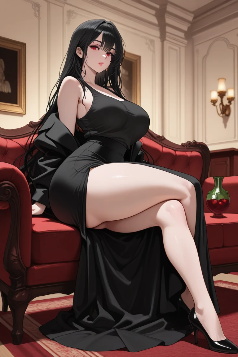 1girl, b4ckl3ssch41ns,underboob, (black dress:1.2), bare shoulders, strapless, tube top, body chains, long dress, full body, (hilda pokemon), brown hair, ponytail, large breasts, indoors, livingroom