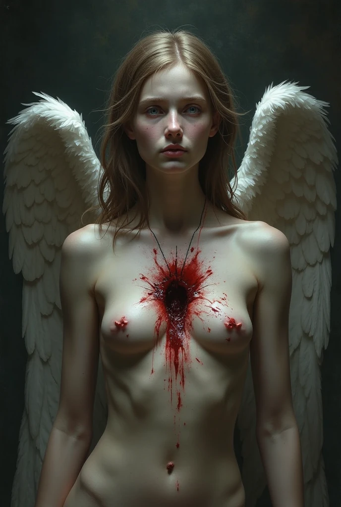 There is ugliness in beauty, but there is also beauty in ugliness. In the style of Stefan Gesell, Adrian ghenie, esao andrews, jenny Saville, Edward hopper, surrealism, dark art by James jean, An angel who represents all the misery of humanity she is distraught Her eyes look to the ground. Her tears of blood spill onto the ground The angel's wings Details Image Perfect pose. Dynamic pose. Organic. Energetic. Volumetric light. Hyperrealism. Surrealism. Fantasy. Admirable. I don't want any jewellery. Flawless beauty. Rare beauty. Mysterious. A masterpiece of small details. Precise focus. Ultra-detailed. Perfect synchronisation of soft and vivid colours. 60-30-10 rule. The image must have a mysterious look and an incredible masterpiece quality. Ultra-detailed. Soft palette. Transition from one tone to another. Super detail. Attention to detail. Ultra-fine details that capture every texture. The macro must provide detail. Very detailed texture. Realistic texture. Luxurious detail. It must be absolutely perfect. Cinematic effects must be applied. The proportions of the objects must match the screen's aspect ratio. The format must be UHD (ultra high definition). 3D. Hdr. High quality. Ultra HD 32k, ultra realistic. Fuji 35 mm film.
