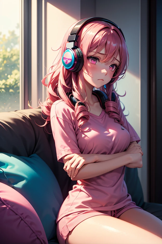 anime girl with pink hair wearing pink headphones, playing video games in the slightly dark room, anime styling 4 k, non-style artwork by guweiz, 8K anime art wallpaper, 4k anime art wallpaper, 4K anime art wallpaper, lofi portoRait, lofi girl, anime styling. 8k, melhor anime wallpaper 4k konachan, anime wallpaper 4k
