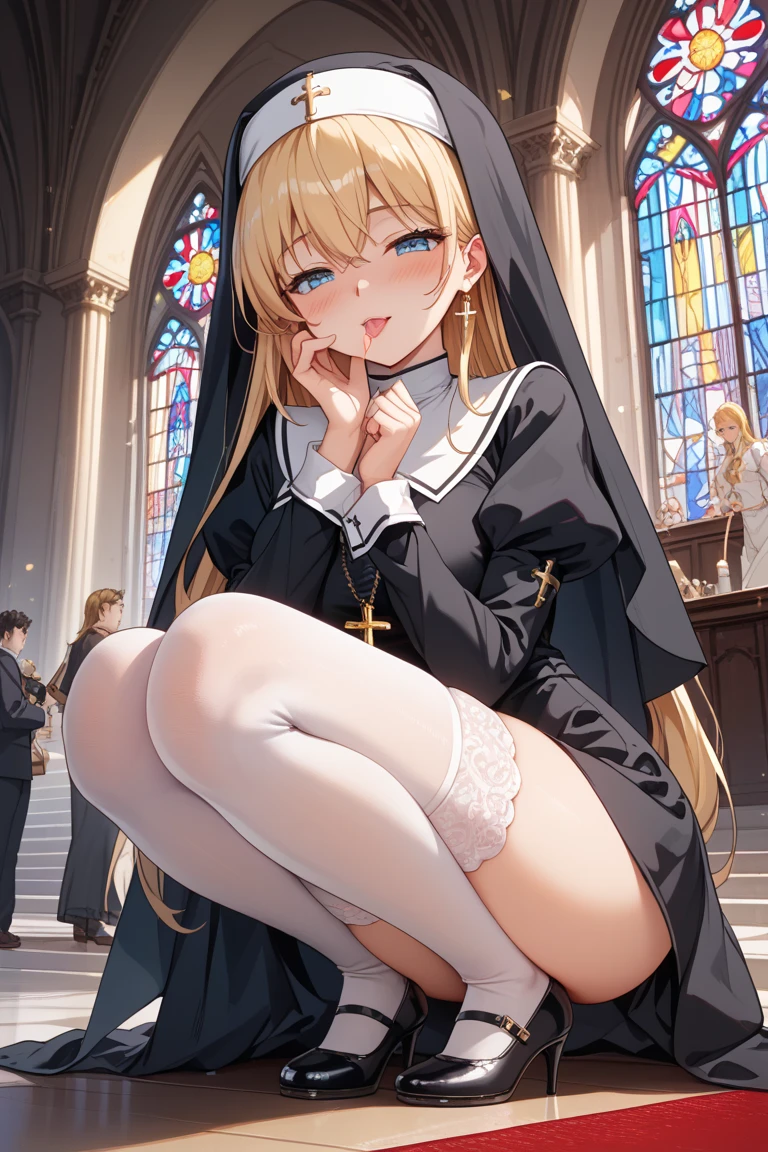 score_9、score_8_up、score_7_up、Source Anime、Rating Safe、Very intricate stained glass background、Intricate details、Anime Screencaps、Official Style、、Maria、Blonde Hair、blue eyes、Nuns、Habit、Black Dress、necklace、Medium Breasts、Looking at the viewer、Hip、whole body、sitting in church、Mature Woman、blush、Sad expression、barefoot、Open your mouth、Five Fingers、(Feet Focus、From below、Five Fingers:1.3、Detailed feet、only)、(Sole)、Hands to the side、