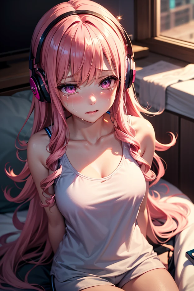 super sonico, masterpiece, best quality, ultra-detailed, illustration,(1girl),beautiful detailed eyes, looking at viewer, close up, (breast focus), (arms behind back:1.2), (from above:1.1), pink hair, huge breasts, (breasts out:1.3), (off shoulder:1.1), underwear,gothgal wearing a gothgal outfit