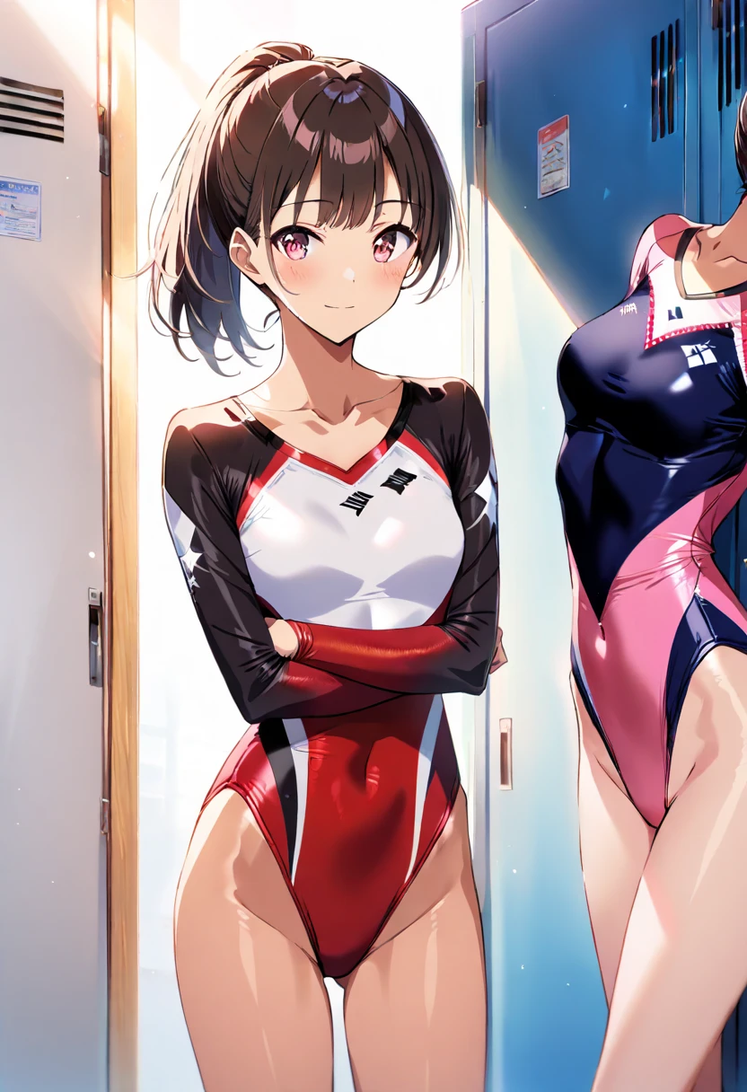 highquality illustration, masterpiece, very delicate and beautiful, attractive girl,(colorful leotard, heattech leotard,tight leotard,long_sleeve leotard,ribbed leotard,high_leg leotard,turtleneck leotard), thin,slender body,slim,gymnastics club,2 girls,gymnastics athlete,bare legs,gymnasium background,beautiful eyes, light smile,(masterpiece, best quality:1.2), highres, extremely detailed CG unity 8k wallpaper, perfect lighting, Colourful, ultra-high res,4K,ultra-detailed, photography, 8K, HDR,  17 ages, 