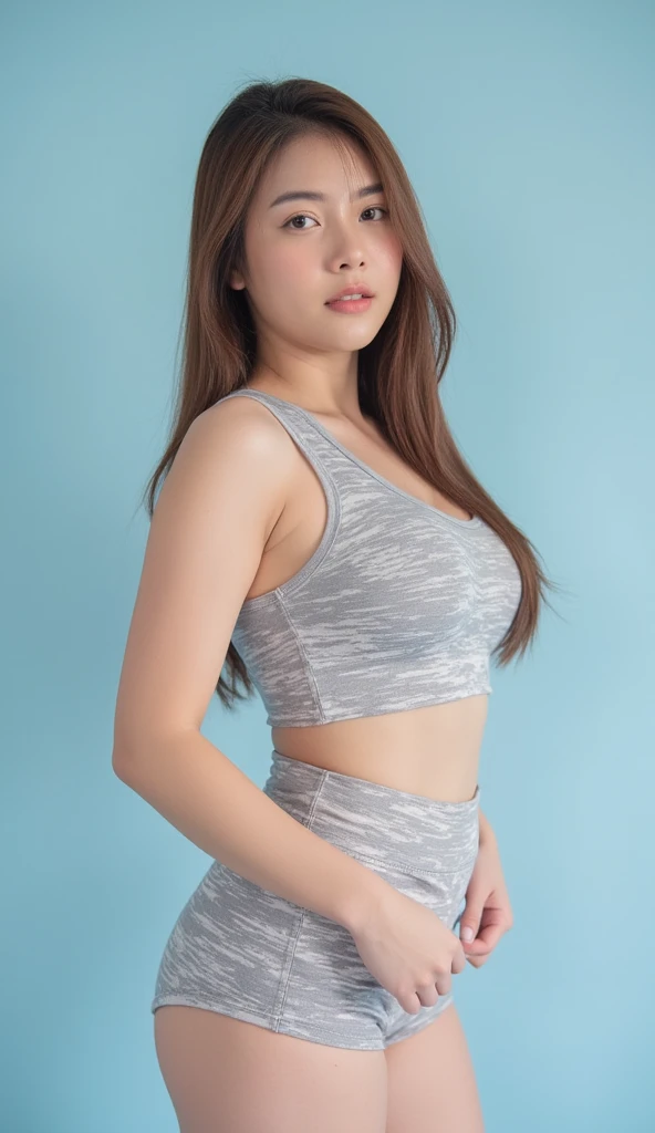 (extra detailed body、extra detailed face、best qualtiy:1.2)、femele、looking at the viewers、(Marbling pattern tank top、JINS)、(Background with、Bolides:1.4)