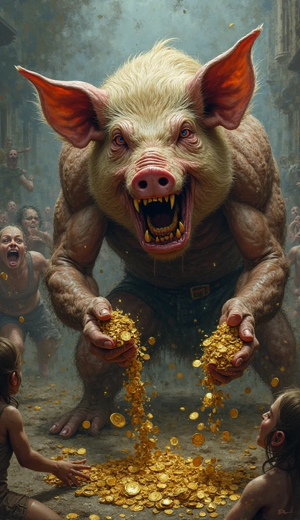 Grotesque humanoid pig with Yu-Gi-Oh cards! In left hand and right hand money.