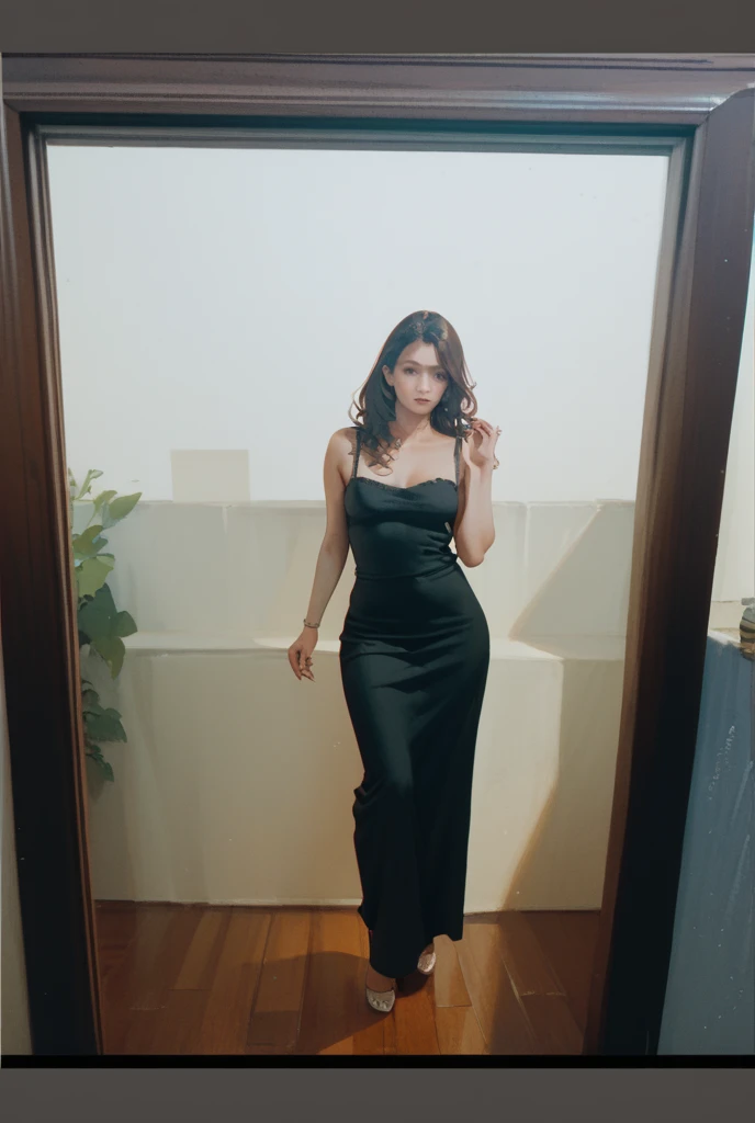 (RAW photo:1.2), (realistic:1.4),beautiful detailed woman,very detailed eyes and face, Super detailed,High resolution, very detailed,highest quality,unified,8k,masterpiece,highest quality,1 female,whole body,(Standard body shape:1.2),Toned figure,thick legs,slim waist,alone,(black sequin dress)、(high heels:1.2),jewelry necklace short hair,(smile:1.2)、dignified atmosphere,black eye,realistic, (ショーステージにAre standing:1.4)、(Are standing:1.2)、(38 years old、Japanese)
