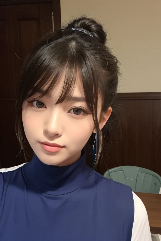 Japanese woman wearing a blue sleeveless sweater、 (((masterpiece))), ((highest quality)), ((intricate details)), (((超Realistic)), absurd solution, near and far law, very detailed, realistic, 1 girl, ((big breasts)), perfect hands, finger details, beautiful and detailed eyes, long hair, brown eyes,(sleeveless sweater:1.2), Black knitted dress, detailed background,, perfect eyes, enchanting eyes, look at the audience, from the front、laughter、mole around the mouth、