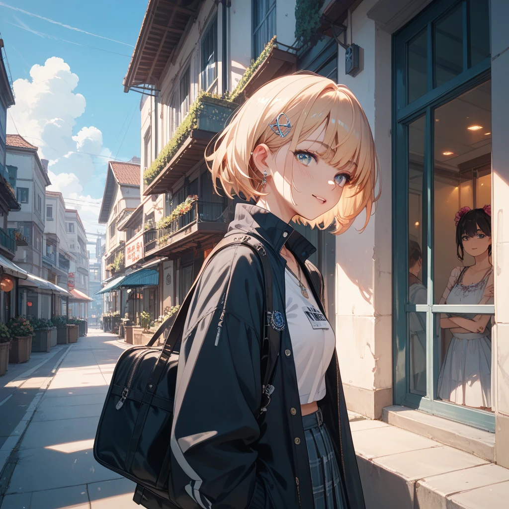 top-quality、Slender beauty、straight haired、very short hair of golden color,、White knee-high、hi-school girl、Ultra mini skirt、pink underpants、Shorts、s ass、summer clothing