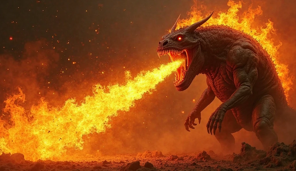 The image shows a monstrous fire-breathing creature with a glowing red and yellow core, surrounded by an aura of fire and roaring in a stormy sky.