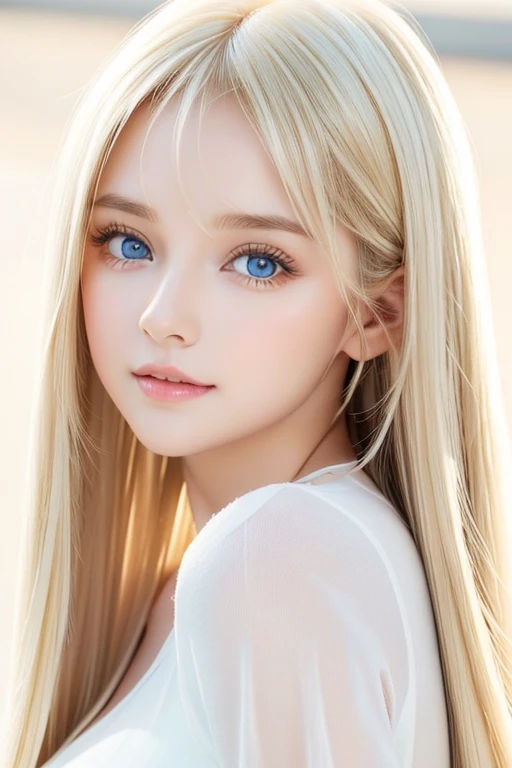 Photorealism、highest quality、超A high resolution、picture、Photo of a very beautiful girl of Scandinavian origin、An exceptionally beautiful girl、Cute and beautiful face details、(Purelos Face_v1:0.008)、Beautiful Bangs、Alice in Wonderland、16 years old、Radiant, fair, glowing skin、Hair on face、Bangs that reach the face、Bangs between the eyes、Super long super long hair、Glamorous bright natural platinum blonde super long straight silky hair、Thin Hair、Very large, bright blue eyes that shine beautifully、White apron、Blue Dress、eyeliner、double eyelid、Ample Bust、White, shiny skin、Small Face Beauty、Round face、