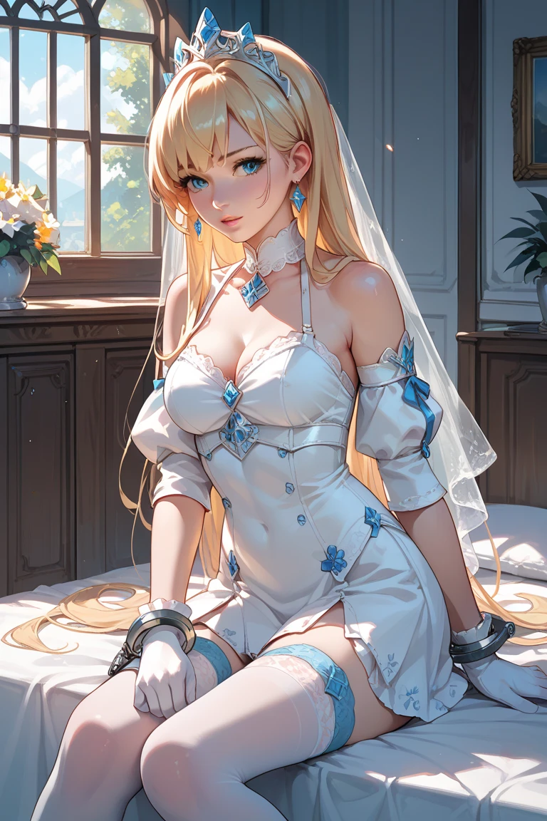 1girl, (solo:1.2), (cowboy shot:1.2), (Beautiful and detailed eyes description), (Beautiful and detailed face), Perfect female body, neat figure, slender waist, (young girl), (20 years old), long hair, platinum blonde hair, very big eyes, blue eyes, medium breasts, blush, shy, watery lips, nurse, (transparent nurse dress), nurse cap, unbuttoned, (white gloves:1.2), (white pantyhose), high heels, necklace, earrings, indoors, school nurse, hospital bed, window, white curtains, sunlight, squatting, (best quality), (ultra detailed), (masterpiece), (highres), (original), (extremely detailed CG unity 8K wallpaper), character design, game cg, detailed manga illustration,(NSFW 1.1)