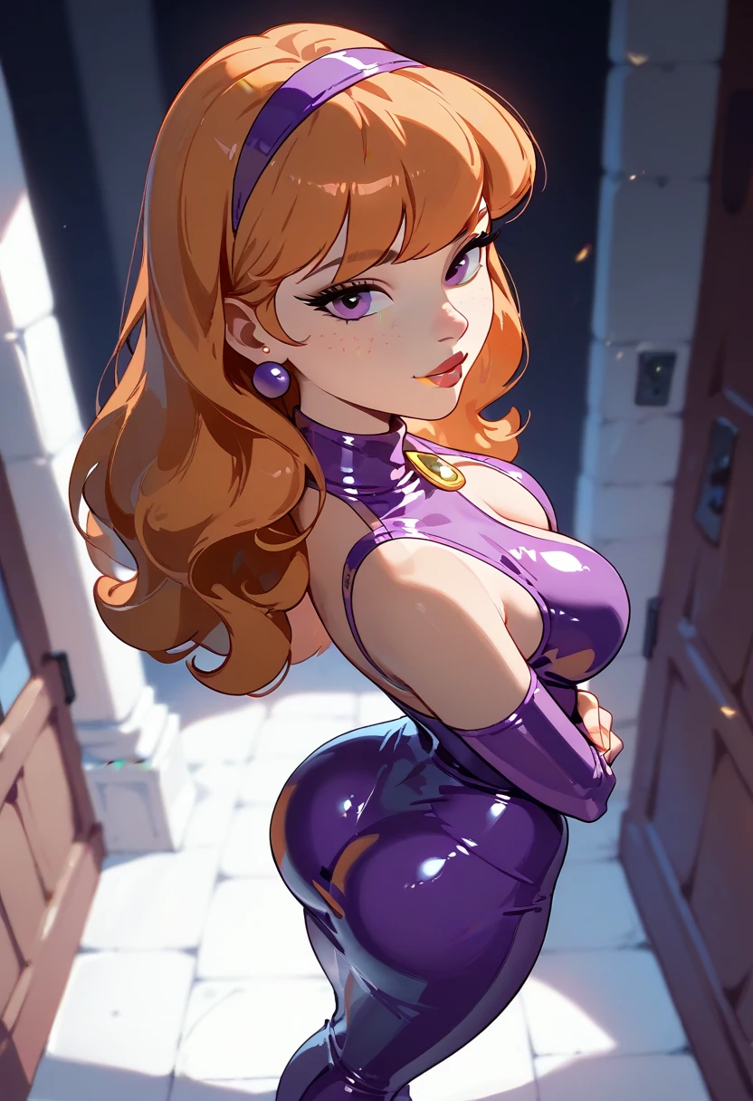 1woman, long curly brown hair, purple beret, perfect eyes, make-up, yellow eyes, purple lipstick, flirty face, black necklace, purple and black low-cut latex dress, long black stockings, purple heels, purple bag, big breasts, big ass, burdel background