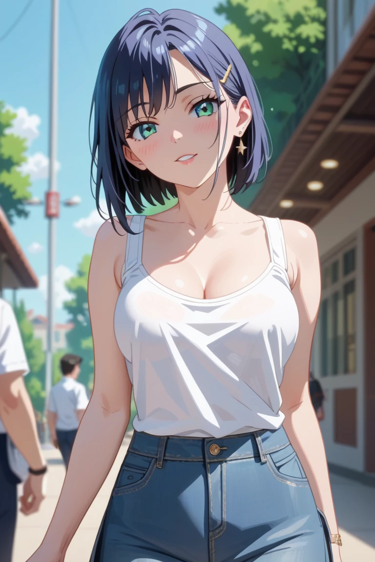 1girl, solo, village, trees, colorful hair, curly hair, ponytail, large breasts, button down shirt, ninja, ((black shirt)), ((unbuttoned shirt)), ((short sleeved shirt)), blue eyes, pants, sandals, katana, grin, looking at the viewer, ((standing)), hair ribbon, bandage