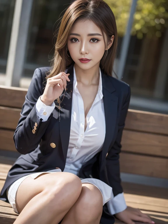 best quality, masterpiece, 1girl, Beautiful face, (photo realistic:1.3), rim lighting, (high detailed skin:1.2), 8k uhd, dslr, high quality, high resolution, 4k, 8k, Bokeh, absurdres, best ratio four finger and one thumb, (realistic:1.3), cute 1girl, wearing black formal blazer, medium breasts, short skirt,