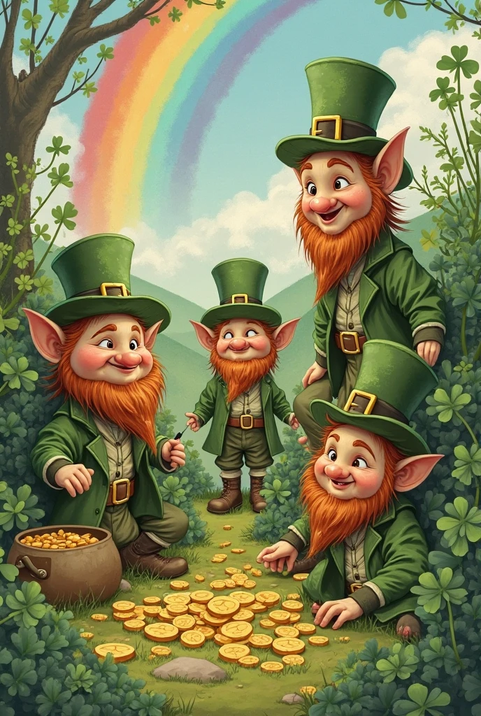cartoon, 3leprechaun, (chauldron:1.1), rainmbow, gold coins