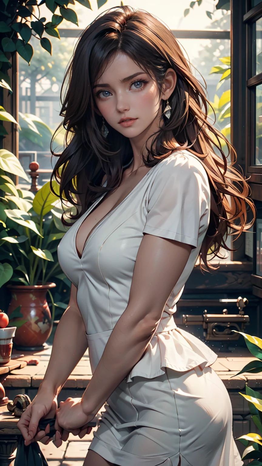 A woman standing in a vast lavender field。Surrounded by the scent of lavender swaying in the breeze、Relaxed facial expression。She wears a white dress and、Feeling free in nature、24-year-old woman、Sexy proportionature female body、Sexy proportionakeup、Lips with red lipstick、Textured skin((textured skin))、smile、Narrow waist