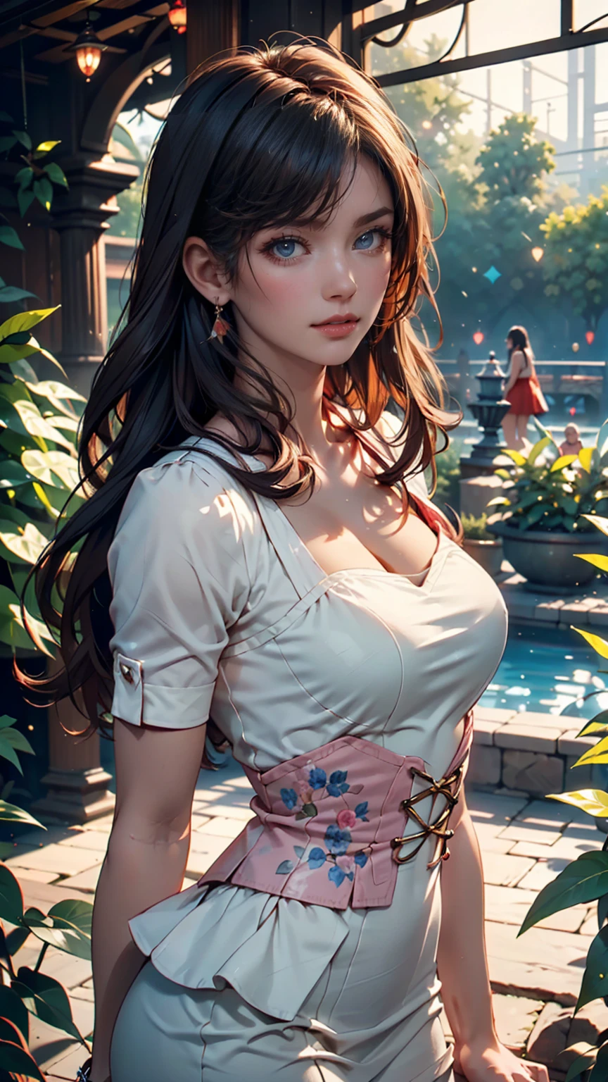first-person view,1girl,Tamaki,(Wearing (Shirt), knitted vest skirt),((flower shop)),Jewelry,Tattoos,nighttime, full_moon,(( Water droplets glow)),red lips,charming body,Charming cleavage,(Masterpiece:1.5),( best quality:1.4),(reality:1.4), detailed,8K,Digital art,Detailed hair,expressive eyes, perfect face, real fingers,depth of field,Analogous Colors,Warm Tone,soft light,low Contrast,hard shadow, pop surrealism,