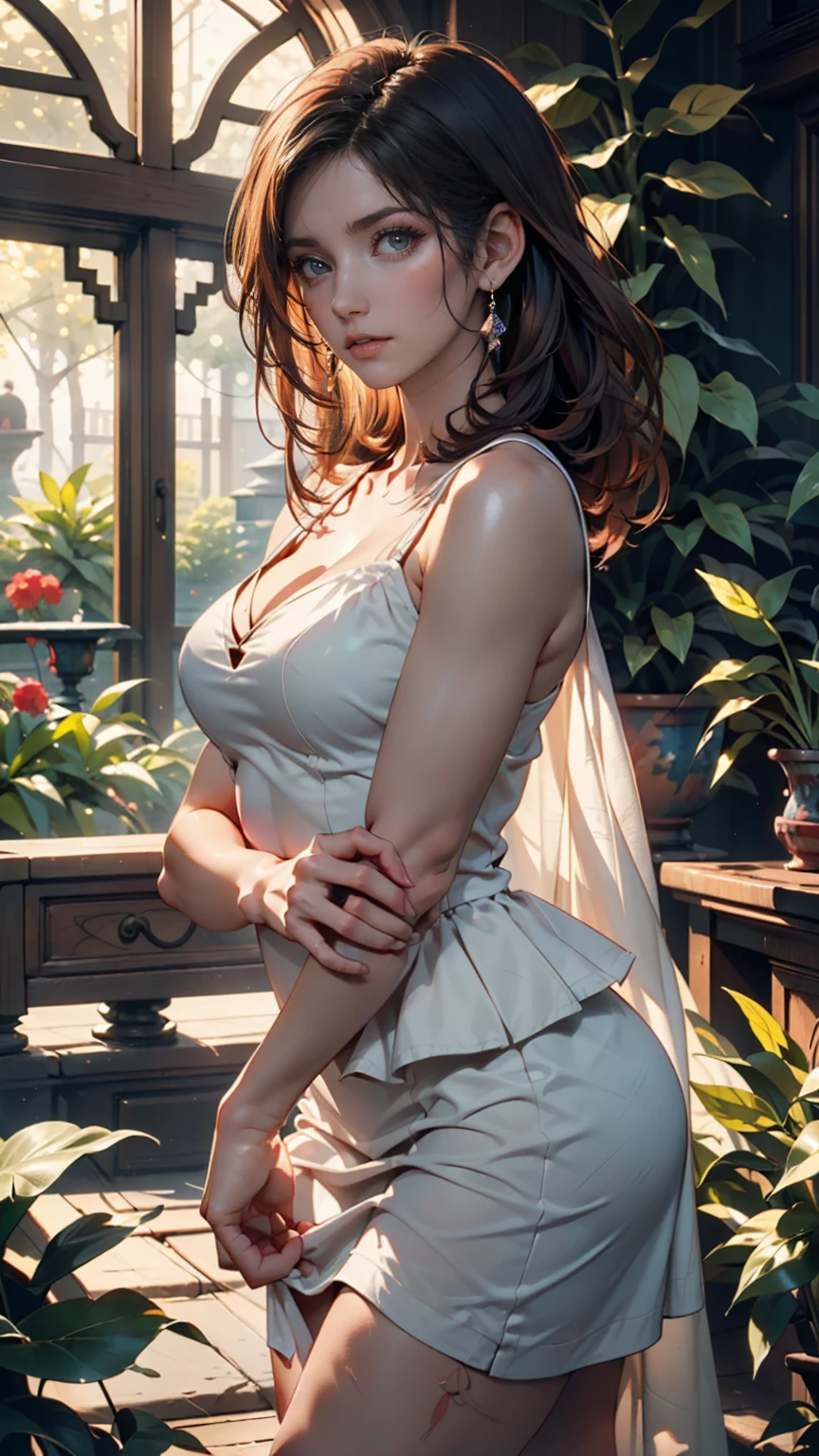 short hair, mmmm, (Sharp focus:1.2), photograph, Attractive Young Woman, (Beautiful Face:1.1), Detailed eyes, Seductive lips, (Bold red lip color:0.85), (Medium :1.0), (The body is slim:1.2), (Long Hair:1.2), wear (1980s Peplum Dress:1.2) in (botanical garden:1.2). (Moody lighting:1.2), Depth of written boundary, Bokeh, 4K, High resolution. by (James C. Christensen:1.2|Jeremy Lipking:1.1).