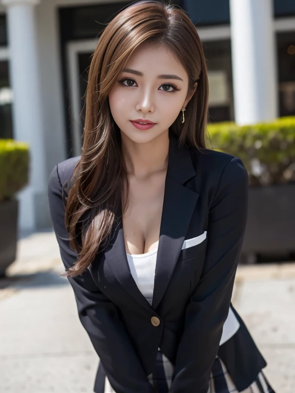 masterpiece, Highest quality, Realistic, Very detailed, Finer details, High resolution, 8k wallpaper, One beautiful woman, (Wear casual business attire), In a great restaurant, At night, Light brown messy hair, Perfect dynamic composition, Beautiful and beautiful eyes