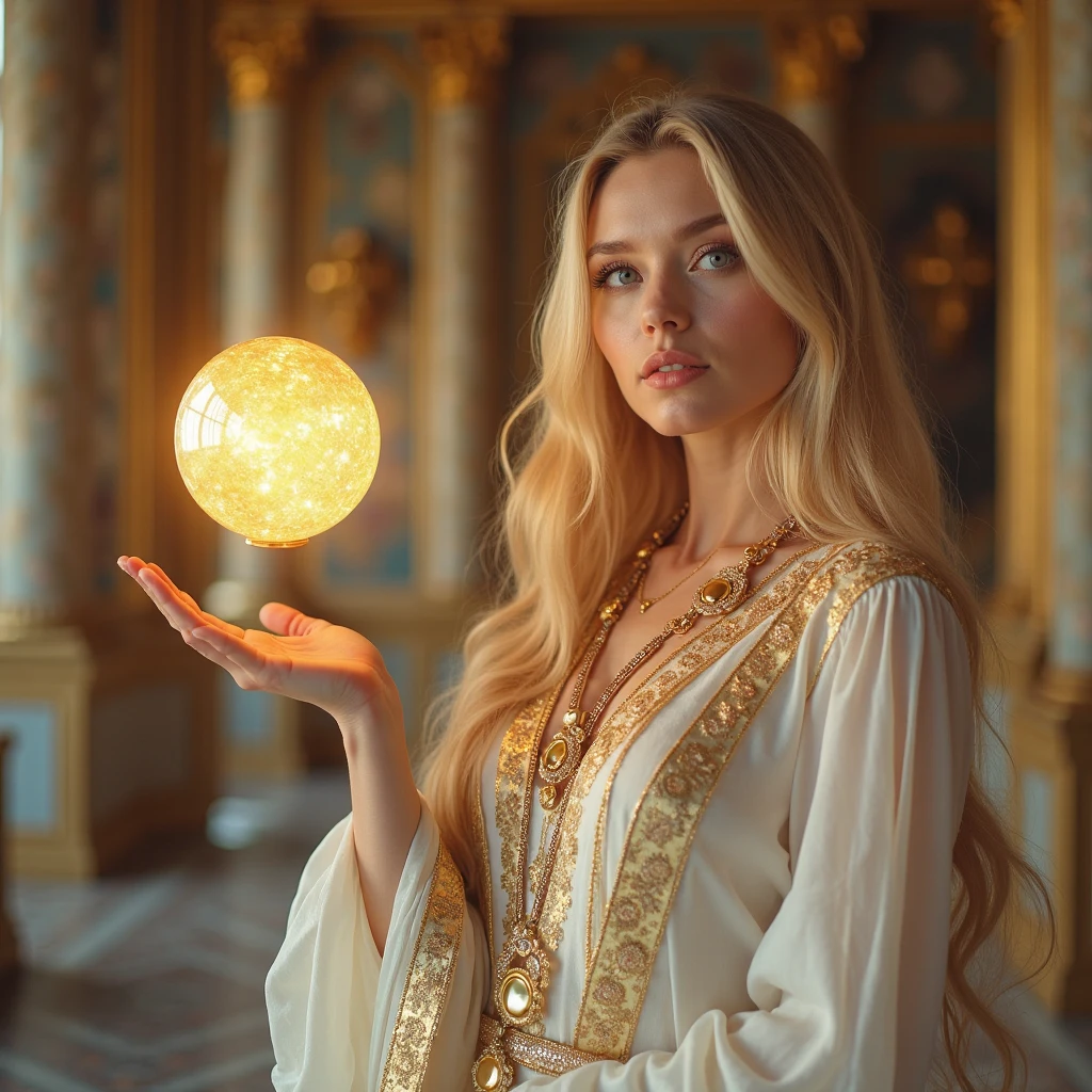 An ethereal woman with golden hair and white glowing eyes, dressed in a radiant white robe with golden embroidery. She floats slightly above the ground, inside a marble temple filled with light beams and ancient inscriptions. She holds a transparent crystal orb with a white dove flying inside. The table has golden tarot cards shaped like feathers and olive leaves. Celestial ambiance, divine tone, high realism.
