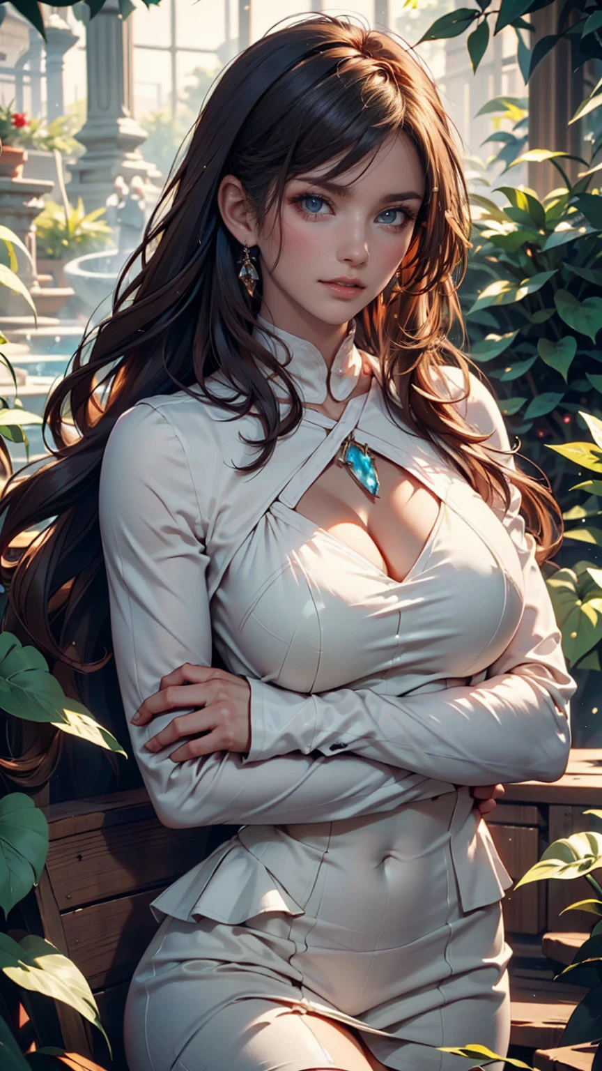 Very detailed, beautiful, highest quality, Professionally taken photos, Like a poster, detailed beautiful round eyes, beautiful detailed face, Whole Body Ezbian, Medium Long Hair, Casual Hairstyles, (Random color hair, Golden mesh), Big eyes, Random color eyes, Long eyelashes, Thick mascara, Dark eyeliner, (Huge breasts), (Bust about to burst:1.4), Wide selection, Thick waist), (Wide Hips:1.4, Toned thighs, Body Curves), 40 years old, woman, (White tight dress, white), Perfect Face, Perfect body, Sexy pose, (A shy smile), Random Location, nature, (alone), The light on my face,