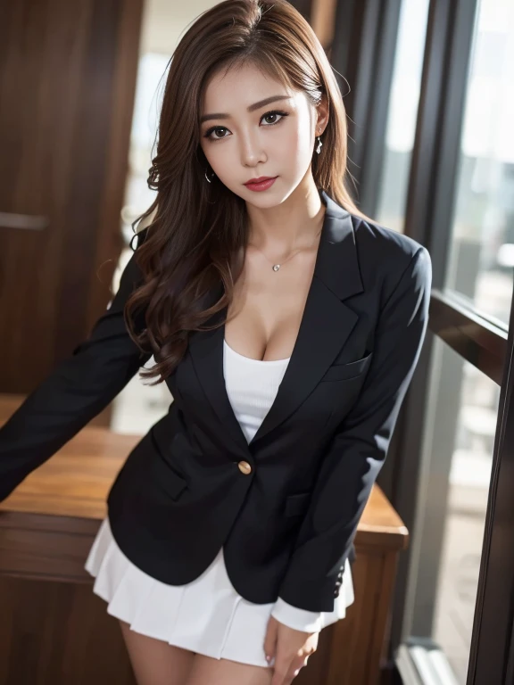whole body, highest quality, Realistic, Very detailed, finely, High resolution, 8k wallpaper, One beautiful woman,, Light brown messy hair, Wear a business suit, Sharp focus, Perfect dynamic composition, Beautiful and detailed, Thinning hair, Detailed Realistic skin texture, smile, Close-up portrait, Model Body Type,Cleavage、length, Muscular, Beautiful legs、Beautiful feet、Super mini tight skirt、thin black pantyhose、I can see the toes of her high heels、Perfect Style、Sit on a chair、View from below、Healthy Thighs、tight ankles、