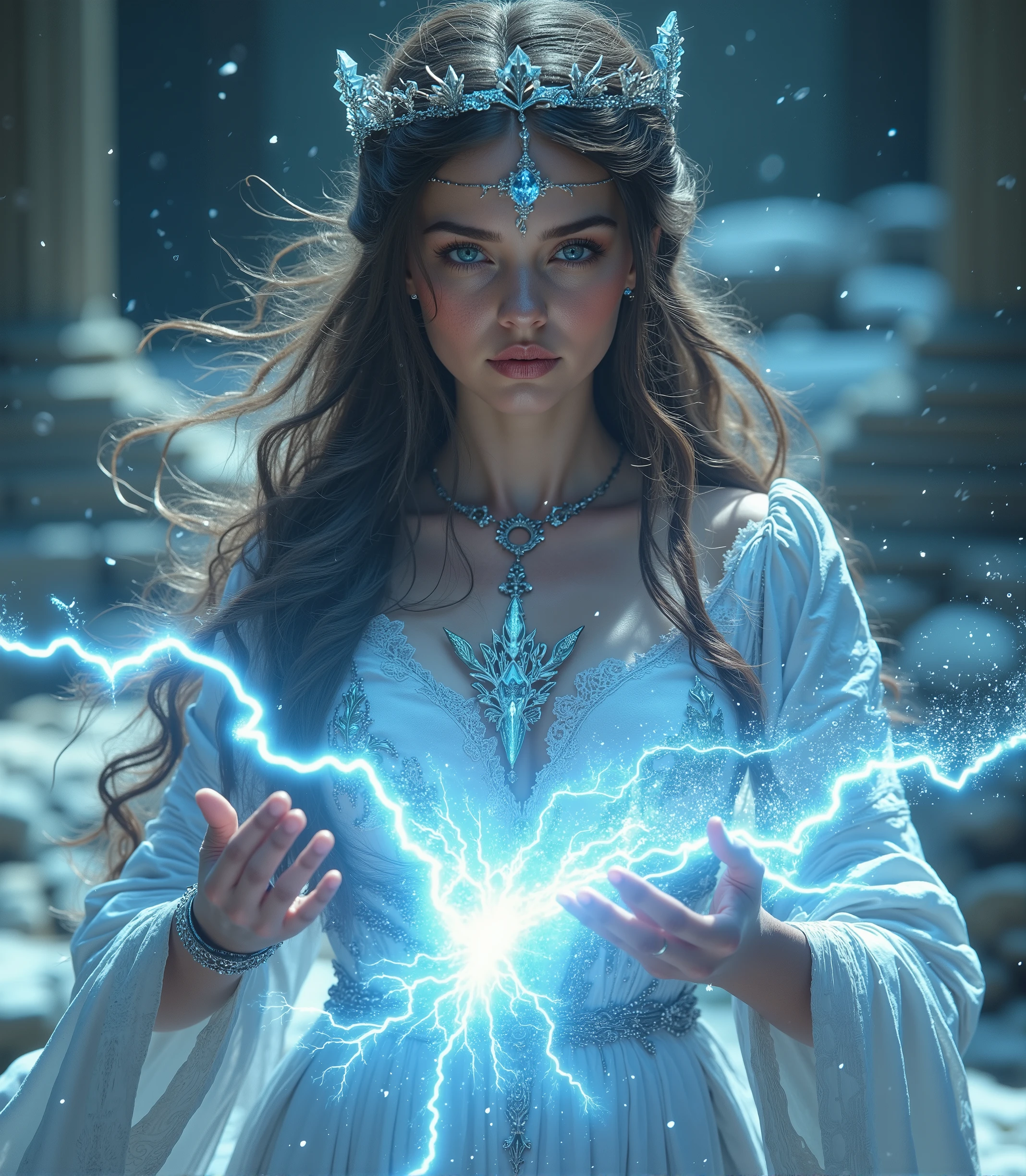 A beautiful woman , Solemn Expression ,Headband crown, wearing a white robe ,Queen,Unleash frozen spells in your hands at attack sites,fantasy style, Concept Design,full body shot, masterpiece, best quality, Very detailed