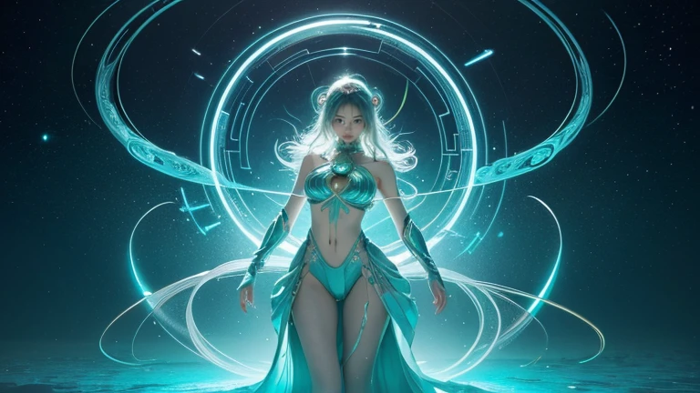 super high image, super detail, super high resolution, super beautiful goddess, light green glossy french braid hair, green big sparkling eyes, pink alluring moist lips, lace robe dress, perfect proportion, slender, full body, background fantasy, galaxy, magic circle, kaleidoscope, give off rainbow and gold neon light many lines radially from floor and ceiling, planet, thunder, thunderstorm, professional lighting