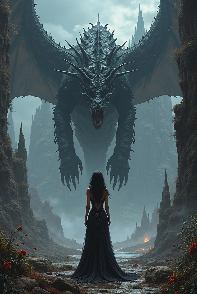 A giant black dragon with blue eyes. Between his legs, a woman with curves to die for emerges., dressed in black, His clothes are of a warrior type, She has her black hair loose with silver tips, Indifference is reflected on his face. His eyes are black, Her skin is white, Her eyelashes and eyebrows are abundant and her lips are full and red.. Around his waist and right leg he has sheathed daggers. The stage is both on giant black rocks like a dry mountain the sky is greyish with lightning and the dragon's wings spread out, The dragon's gaze is one of pure anger.