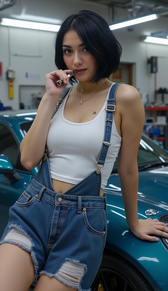 Denim suspenders car repair beauty pink hair racing driver Chinese imprisoned whole body