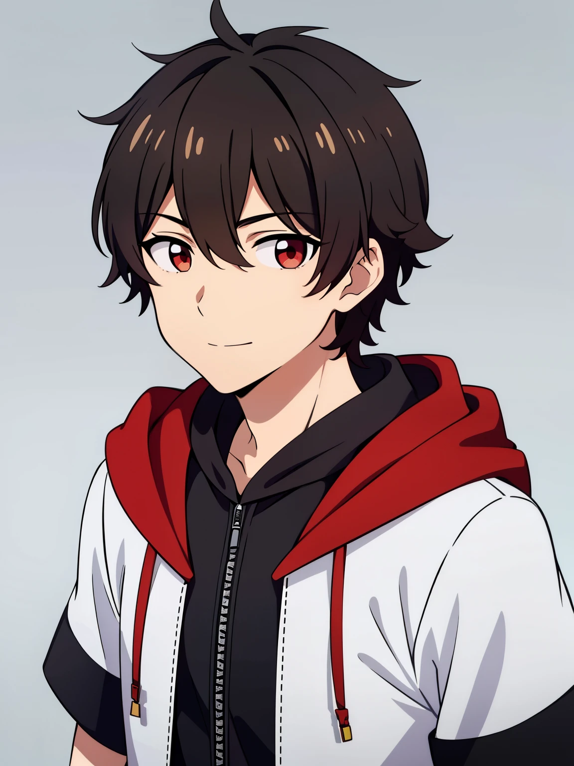 (high-quality, breathtaking),(expressive eyes, perfect face) portrait, 1boy, male, solo, young , black hair, red eye color, short hair length, soft wavy hair, cute smile, loose hair, side bangs, looking at viewer, portrait, medium full shot, happy expression, RWBY clothing, black hoodie, gold trim, white shirt, red, grey background, short sleeves
