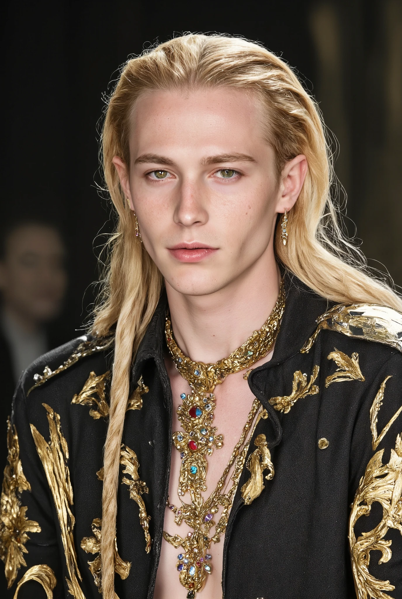 slicked back hairの絶世美男子は笑うエルフ((long swept back hair blonde))is a man with smooth white skin, a very thin chin, and clean thin cheeks(( Very very large green eyes))Elf male who is very thin and skinny((White-skinned 25-year-old man with smooth chin１People laugh))Precise hands and fingers and a beautiful face、Beautiful green eyes（A 30-year-old man with beautiful, smooth white silk skin is the prince of the god Elf）gorgeous gemstone necklaces、luxury gold bangles and earrings、Look at Viewer（25-year-old Prince Elf closes his mouth and laughs）dynamic pose soaked in hot springs((A very luxurious fantasy costume))long pointed elf ears