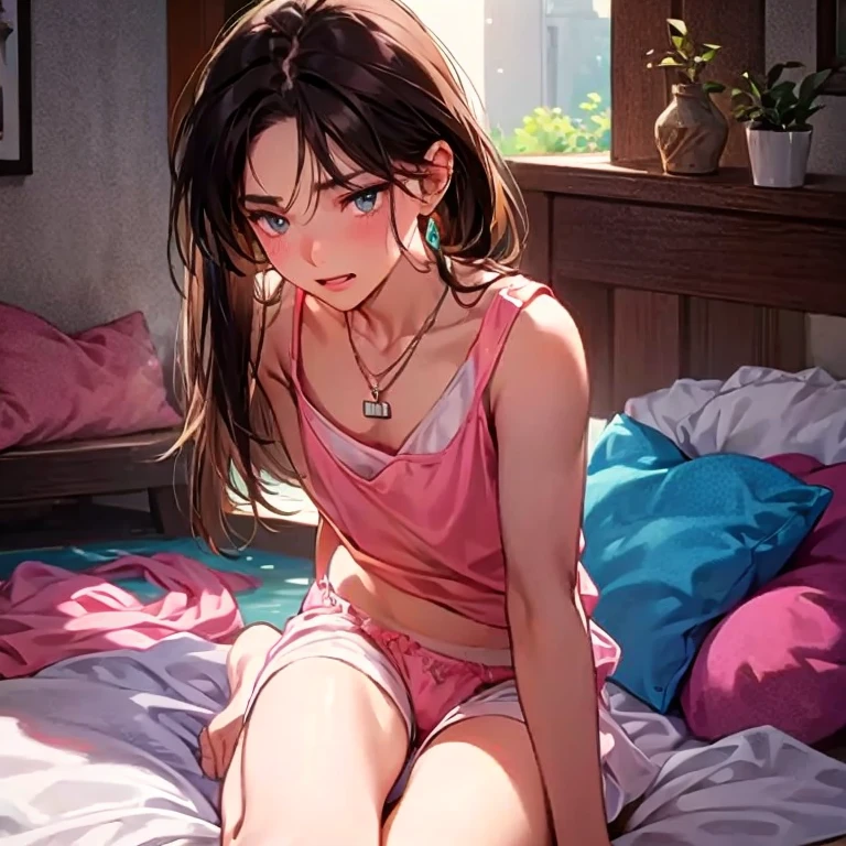(super flat, flat shading, flat color:1.1)、(magazine cover)、An illustration、(One Asian boyish girl)、(cute:1.2)、Very beautiful 14 year old girl manga、cheeks are red、(high detail skin: 1.2)、embarrassed look、open your mouth、Photorealistic anime girl rendering、Realistic anime 3D style、beautiful brown hair、intense black eyes、strong eye highlights、(get used to it、Medium chest)、perfect anatomy、(sweaty)、Pale pink underwear、(wet with water)、spread your legs、head tilt、sit on the sofa、((heart cutout))、volume lighting、soft light、bright、Light from behind、bright色、watercolor painting、shortcut、hair band、frills、