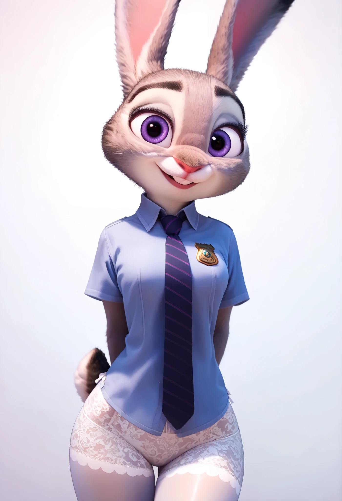 check_9, check_8_up, check_7_up, check_6_up, check_5_up, check_4_up,judy hopps, (front view), hyperrealistic skin,empty background, Detailed body in gray leather with white breasts., Beautiful female gray lagomorph face., Fully visible , purple pupils, Perfect bunny tail arrangement ,rabbit ears, smiling, looking at the viewer, wide hips, big ass,big breasts,standing straight,((( in white lace ))), (((bragas in white lace ))), (((White lace tights with ties))),Legs behind the back
