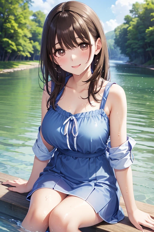 (top quality、masterpiece、very high resolution、Ultra high quality、High quality pixels)、perfect eyes, perfect face, alone,8k, F cup breasts,(Detailed description of hair), (Detailed description of face),(detailed description of body), Fair and translucent skin, gorgeous, long legs, facing the audience, Professional photography lighting,Detailed green eyeball, black hair,Girlfriend style,gentle expression, hair ribbon, hair band, Cowboy shooting,magazine cover, summer fashion clothing, magazine titles,short hair, girlfriend ssmile