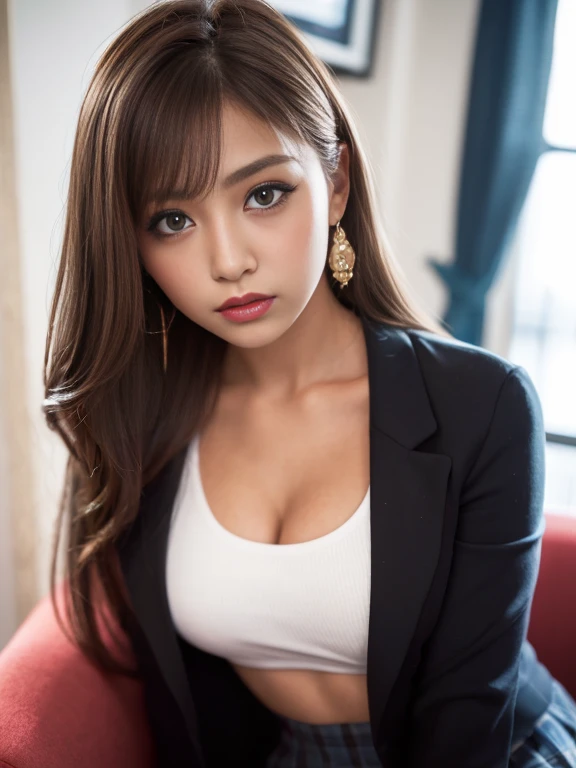 (top-quality, 16K, masterpiece:1.3), (ultra detailed), (masterpiece), (best quality), Highest quality, Realistic, surreal, Highest quality, Extremely detailed CG, Very delicate, 16K wallpaper, High resolution, A female manager working for a top company, 3, ((A light-colored, sexy mole on the face:1.0)), ((UNTITLED business suits:1.2)), ((A very simple necklace)), Japanese office with large windows, ((Working at a desk:1.5)), Japanese, slender body, very detailed, detailed fingers, detailed hands, detailed eyes, detailed legs, accurate and perfect human anatomy, real human skin, BREAK ((upper body:1.5)), ((look into the viewer's eyes:1.5)), ((looking at viewer:1.5)), ((Front view:1.5)), ((from front:1.5)),