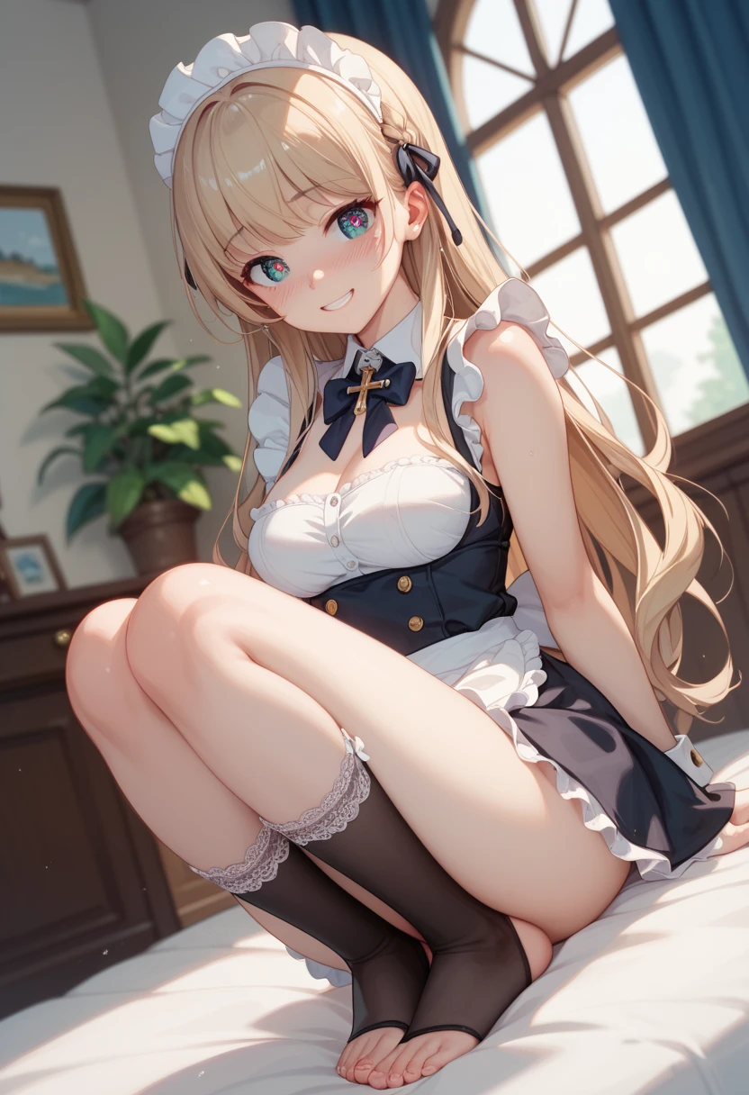 table top, High resolution, 8k, anime woman, detailed digital illustration, very long hair and shiny, maid, big breasted woman,adult women))), 20-year-old, T-back, (lift skirt), (pull your panties down to your knees:1.3), Happy, blush, (white panties), panty shot, inside the room, between legs, from below,