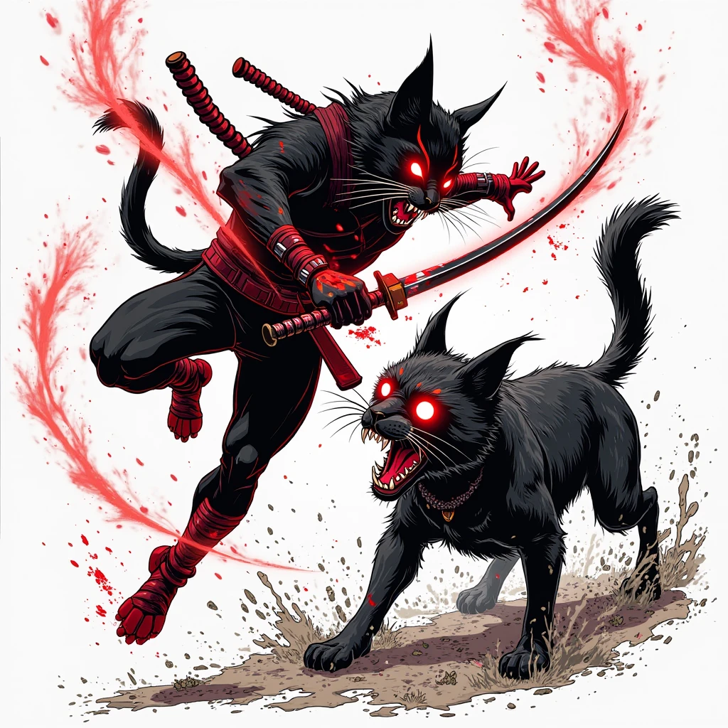  A dynamic graphic novel-style scene of a cat-samurai battling a dog-monster, using a red, black, and white color palette. The cat-samurai is leaping through the air, about to strike the dog-monster. The cat-samurai is rendered in stark black with red highlights on their sword and eyes, with white highlights for muscle definition and motion. The dog-monster is menacing, depicted in black with glowing red eyes and wounds, set against a white background. Motion lines in white emphasize the cat-samurai's movement, with bold lines and dramatic shadows enhancing the intensity of the battle. High contrast between the colors creates a striking, action-packed image in a bold and vivid style.
