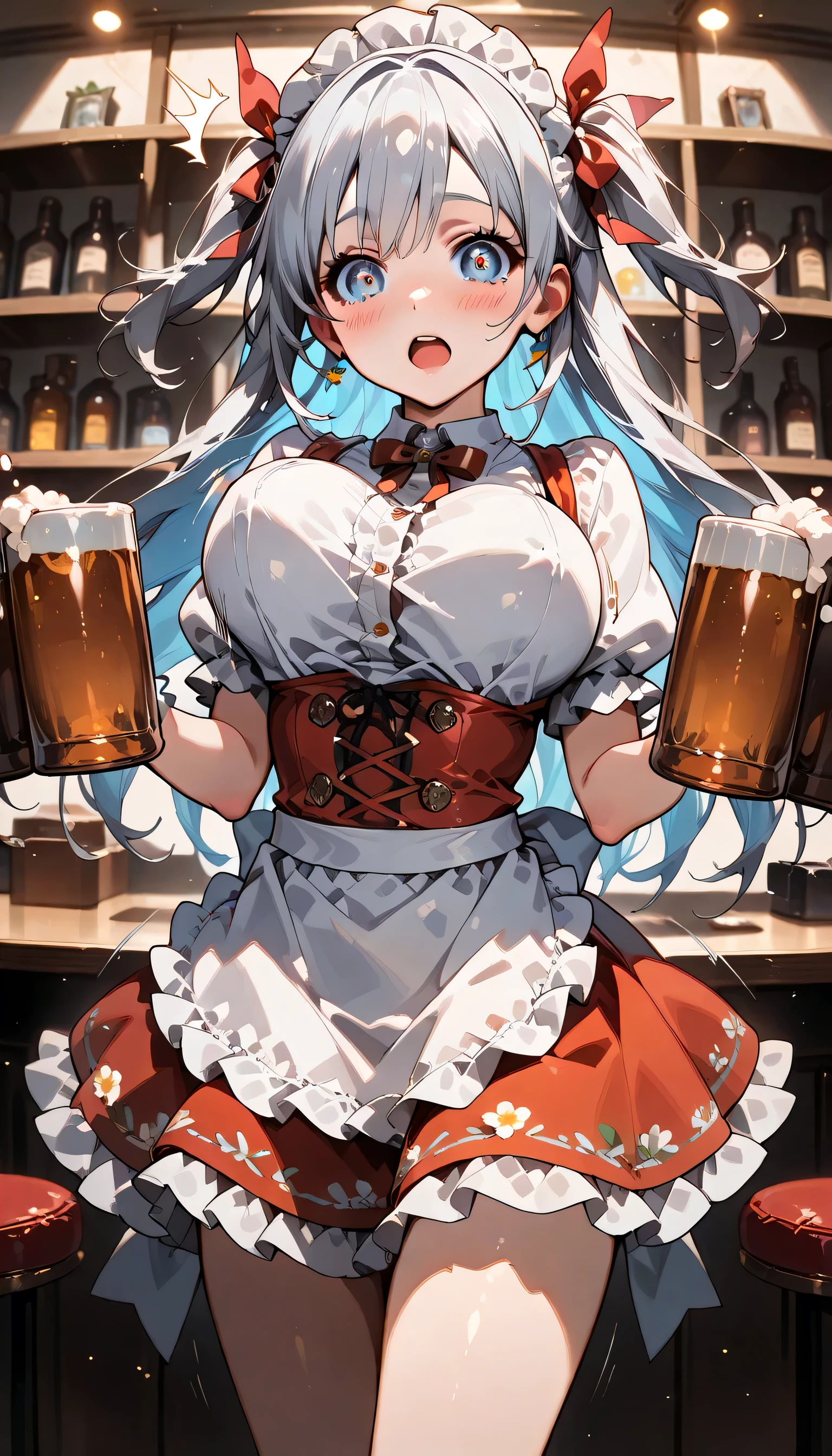 ((ultra-detailed)), (highly detailed CG illustration), (best quality:1.2), ultra-highly detailed, colorful composition, artistic photoshoot, 1girl, solo focus, ((thigh to top)), ((cowboy shot)), moe anime character, 20 years old girl, dainty facial structure, (baby face), (round face), ((rounded chin:1.2)), ((ideal ratio body proportions)), (blue eyes), sparkle eyes, silver hair color, braid hair, two side up, (hair ribbon with light blue), ample breasts, (fusion of dirndl and short sleeve white shirt with neck ribbon), open clothes, white frilled chichi-bukuro, pale pink nipples, ((bouncing breasts:1.6)), ((puff sleeves)), ((red Pinafore, red corset)), thighs skin, ((surprised:1.3)), open mouth, ((waitress)), ((hand out a beer mug)), ((in germany beer hall)), Customers drinking alcohol, best quality, masterpiece, ((dynamic pose)), contrapposto pose, from front, expecting, pink cheek, blush, light pink gloss slip, portrait, depth of field, soft lighting, sidelighting, (shine), lighting, caustics, ray tracing, perfect face, lustrous skin, highly detailed face, highly detailed eyes, perfect face, perfect nose, perfect hair, perfect eyes, perfect anatomy, beautiful hair, beautiful small face, extremely detailed face, beautiful detailed eyes, beautiful clavicle, beautiful body, beautiful huge breasts, leavage, breasts squeezed together, equalize the size of the left and right breasts, beautiful thin thighs, beautiful legs, beautiful fingers, 4 fingers, 1 thumb, lovely, (very detailed background:1.0), (highly detailed background:1.0), summer aesthetic, intricate details, ((lively atmosphere)), ((joyful atmosphere)), summer colors palette, chromatic aberration